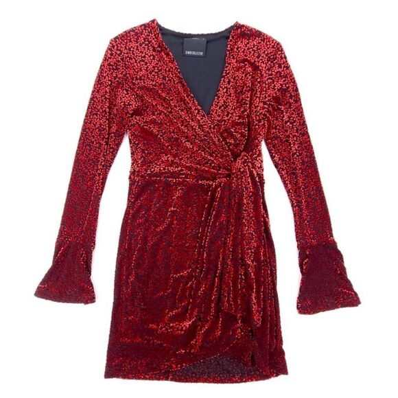 NEW C/Meo Breakthrough Red Velvet Whimsigoth Bell Sleeve Faux Wrap Mini Dress XS - Picture 1 of 8